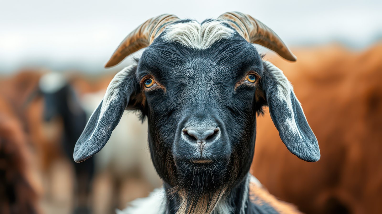 Goat standing among cows in a farm pasture during cloudy weather in rural countryside